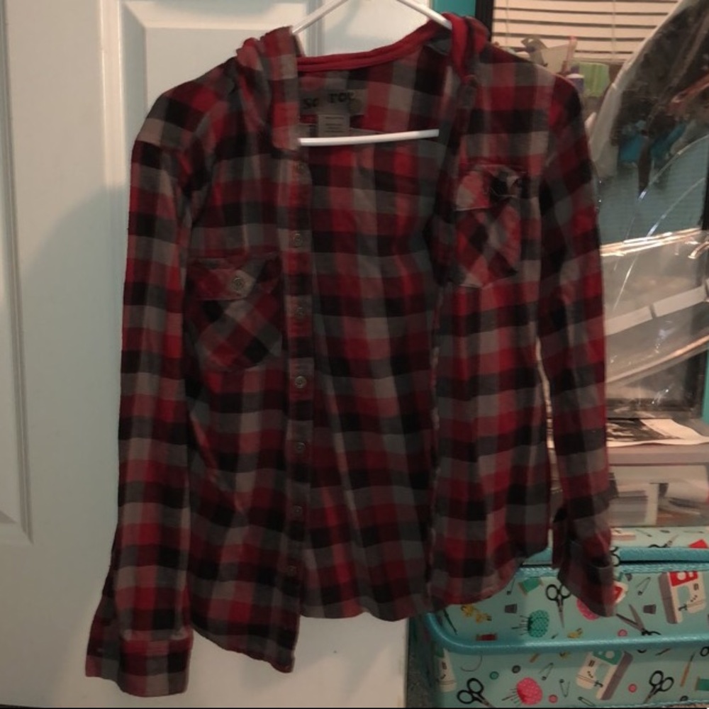 Soft red,black and grey buttoned flannel w/hood